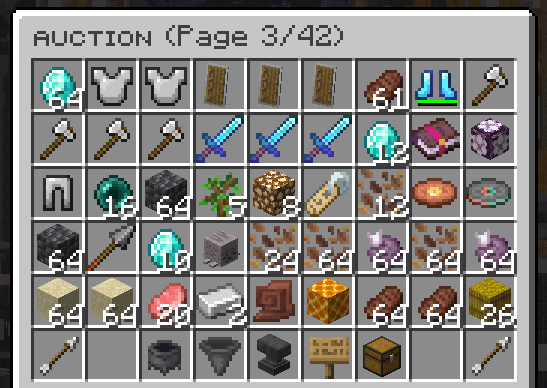 BagelSMP auction house menu on page 3 of 42, listing player-priced diamond gear, tools, blocks and materials for sale