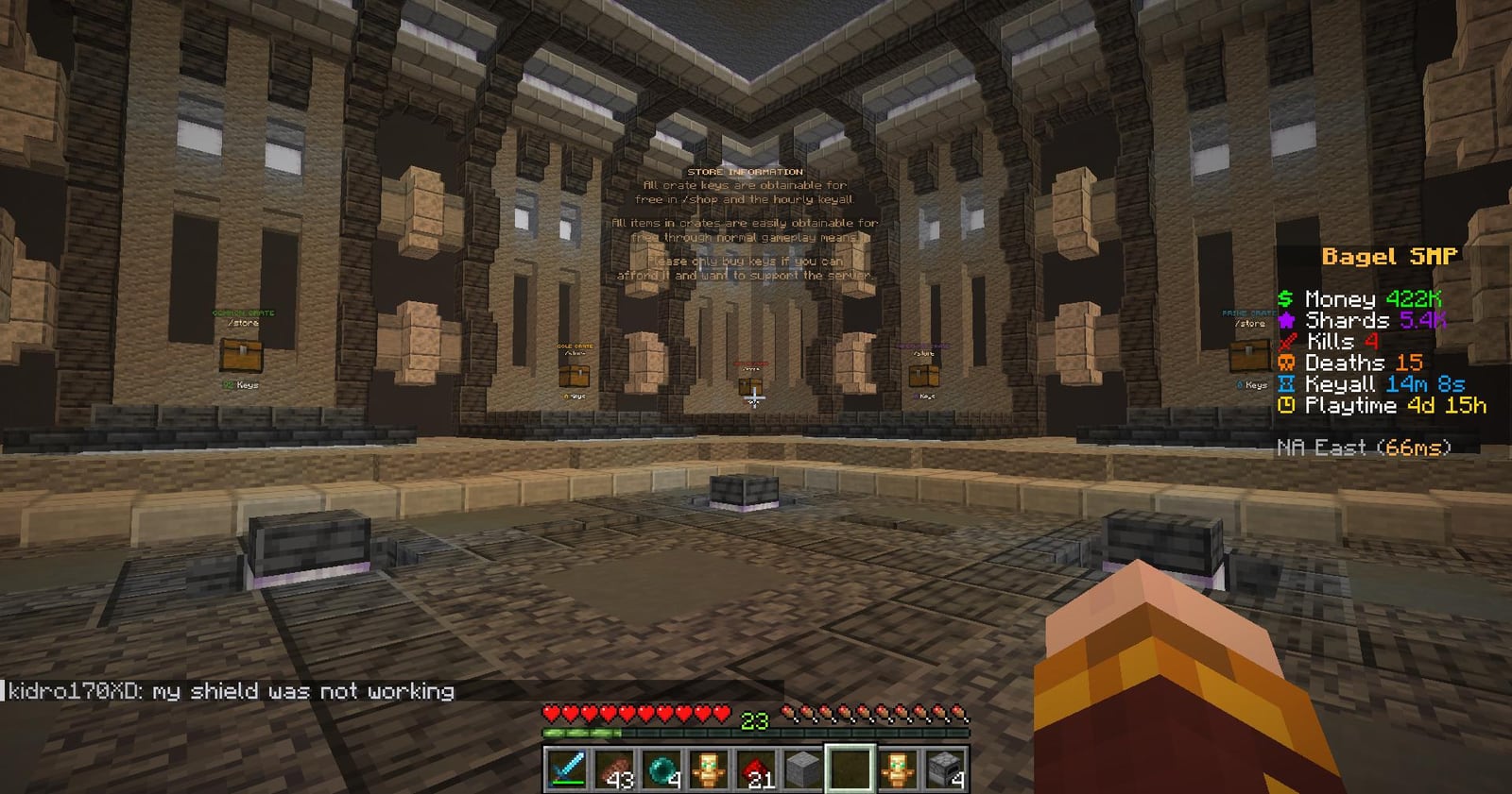BagelSMP crate room with Common, Gold, Prime and Amethyst crates and a sign confirming all crate keys are obtainable free in game