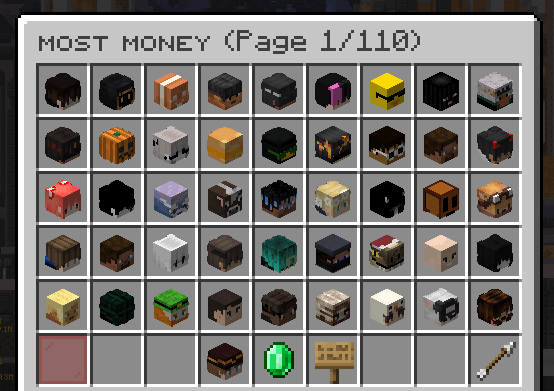 BagelSMP Most Money leaderboard menu showing page 1 of 110 pages of ranked players