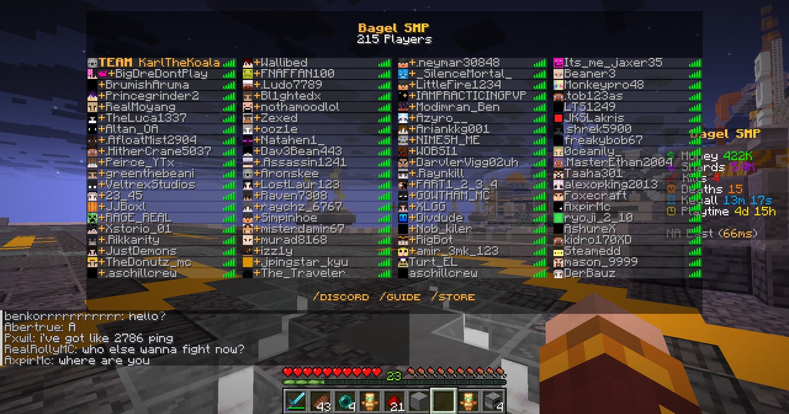 BagelSMP player list in game showing owner KarlTheKoala with the TEAM staff tag at the top of the online players