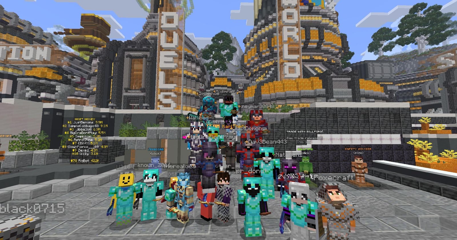 BagelSMP spawn area on the Minecraft server bagelsmp.com, crowded with players in diamond and netherite armour beside the Most Money leaderboard