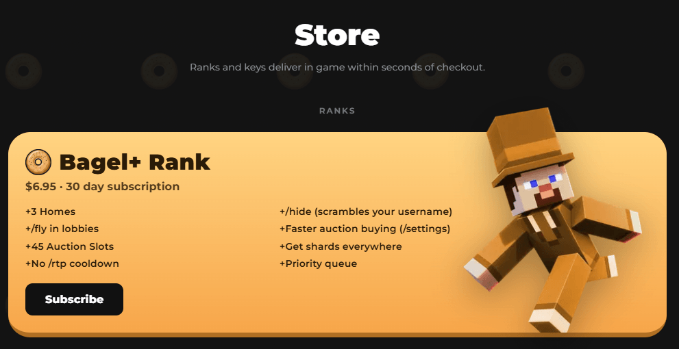 BagelSMP store page showing the Bagel plus rank at 6.95 dollars for a 30 day subscription with its perk list