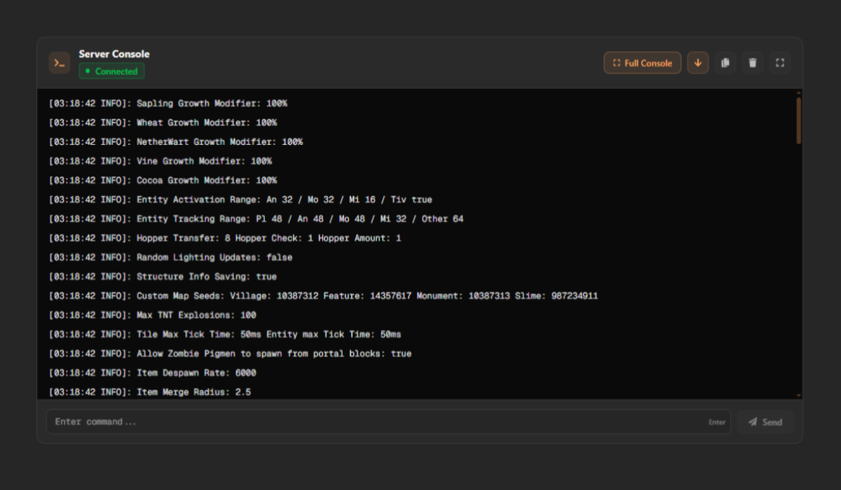 Live console and server overview